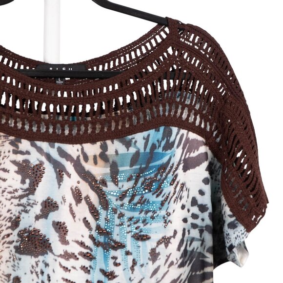 B.L.E.U. Shirt L Womens Animal Print Blue Brown Crochet Rhinestone Short Sleeve - Picture 2 of 6